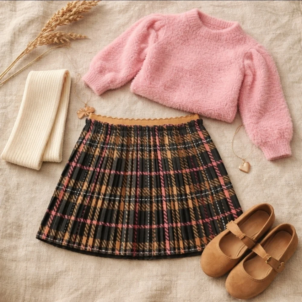 Abel & Lula Bubblegum Plaid Pleated Skirt 12 Black Camel Pink Boutique